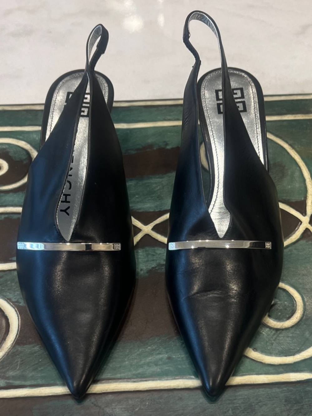Givenchy Black Leather Pointed Slingback Flats with Silver Bar